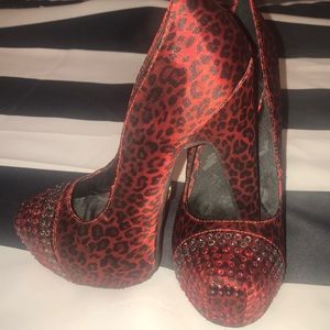BETSEY Johnson red leopard rhinestone heels